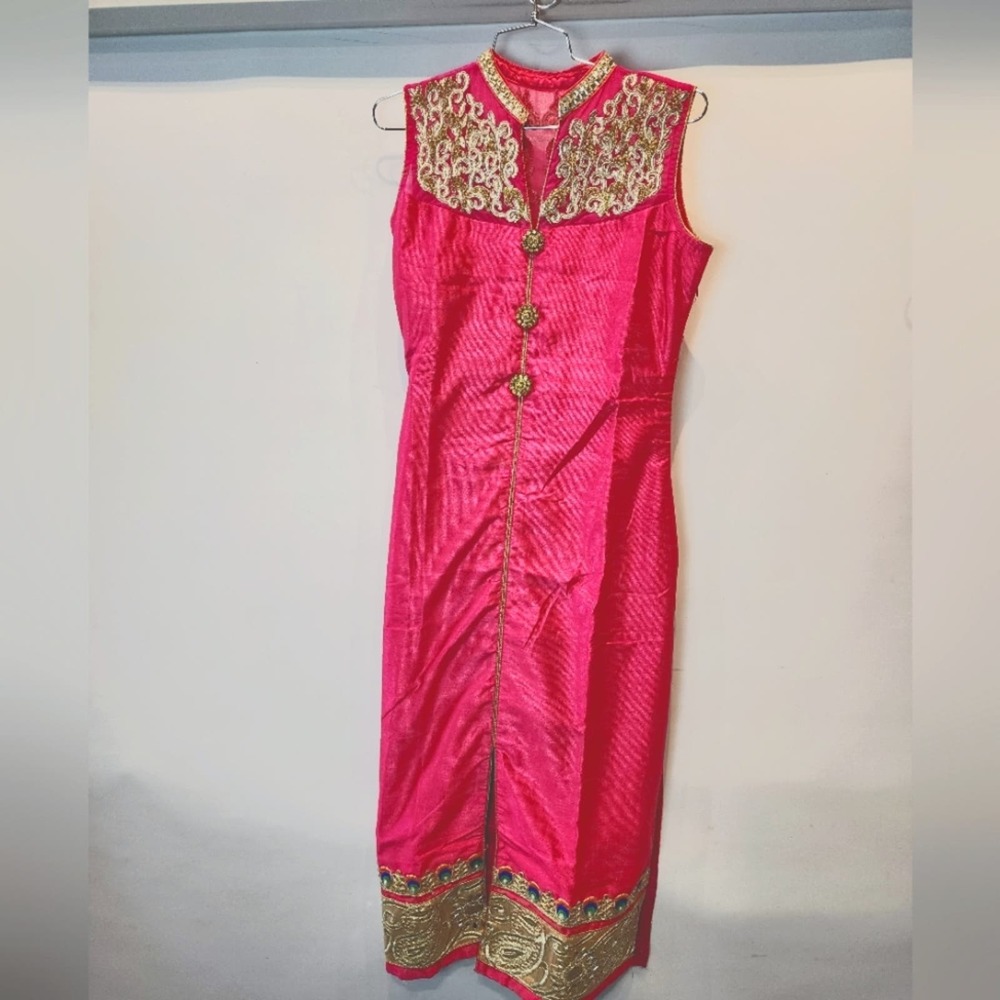 New Pink Silk Indian Tunic Dress Salear Suit Wedding Bollywood Maxi Dress Size S